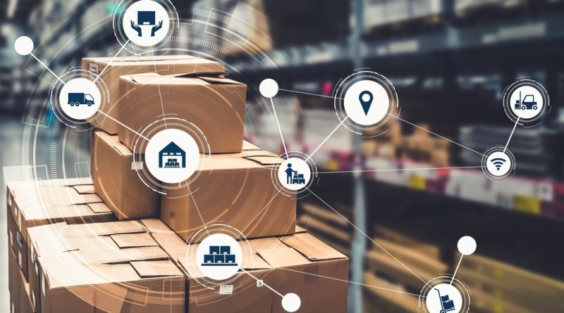 Illustrations of different stages of the supply chain with packaging in the background