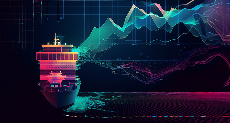 An illustration of a ship at sea with cargo.