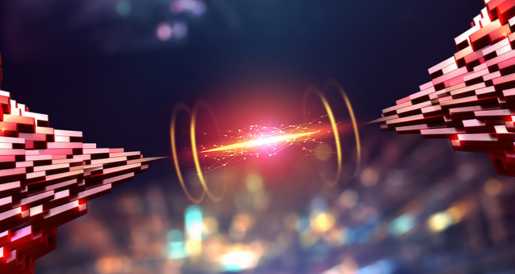 3D illustration of information blocks connected by a laser beam