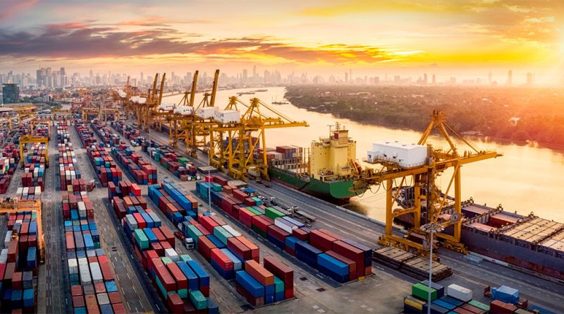 Image of various container Cargo ships and Cargo plane with working crane bridge in shipyard at sunrise to support exportation article