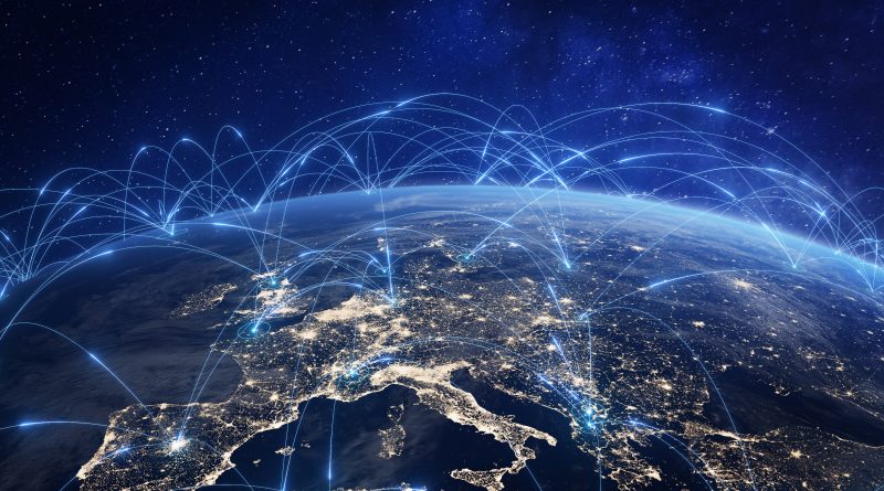 Abstract digital artwork depicting global trade connections with vibrant lines linking stylized continents in blue lines to support global trade article
