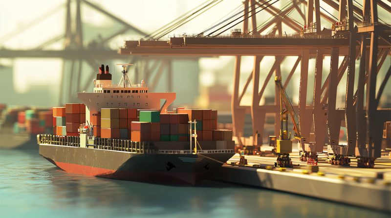 Model cargo ship docked at port to support ILA Strike article
