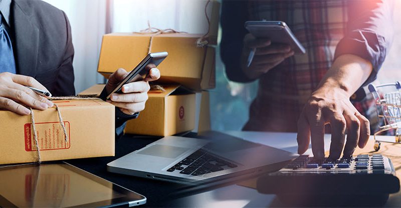 Small business team with shipping packages and calculators to support Supply chain finance article