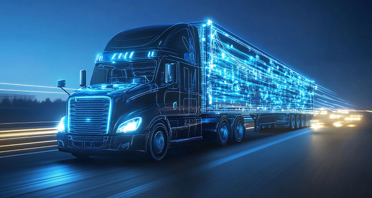 Futuristic autonomous truck driving on highway at night delivering goods