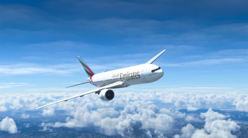 Emirates plane flying through the sky to support express courier service article