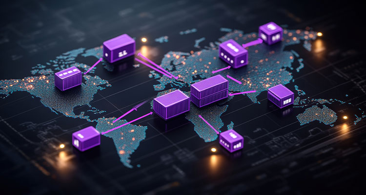 World map with purple cubes illustrating global shipping and supply chain connections in high fidelity