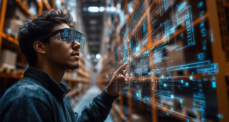 a man wearing augmented reality (AR) glasses and interacting with a futuristic digital or holographic interface