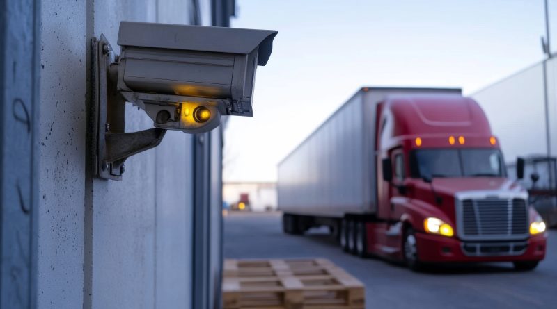 Security camera monitoring a semi-truck at a warehouse
