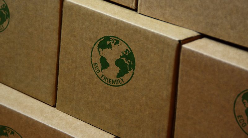 Stacked cardboard boxes with a green "Eco Friendly" globe logo printed on the side, representing sustainable packaging practices.