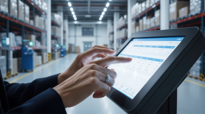 Warehouse manager using a touchscreen computer to check inventory, manage logistics, and oversee the supply chain