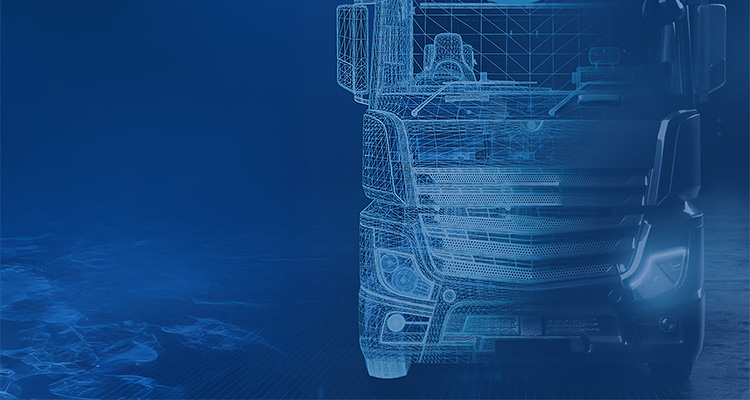 a modern truck, presented with a blend of a wireframe model and a rendered, semi-transparent view.