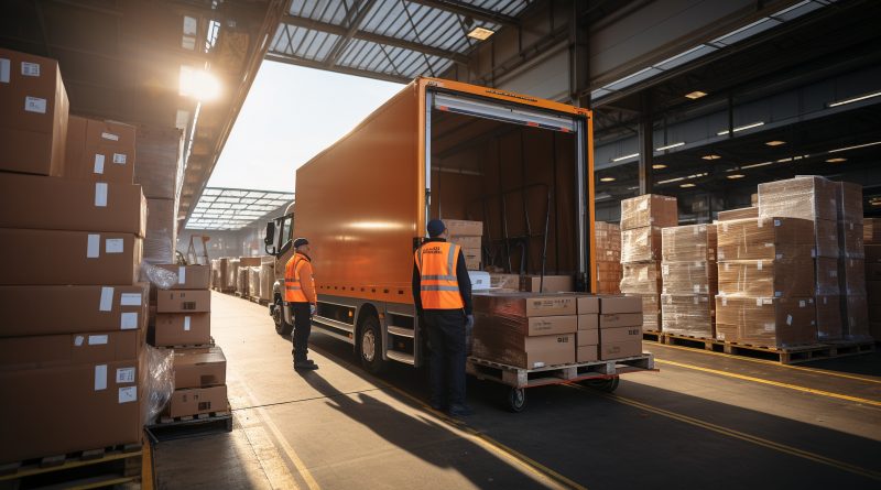 Delivery truck in a logistics retail warehouse.