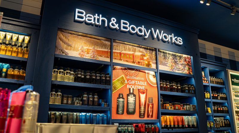 Bath & Body Works storefront display showcasing a variety of personal care products