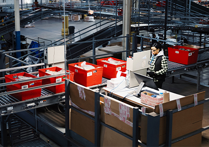 a worker at an automated sorting station within a large logistics or e-commerce warehouse