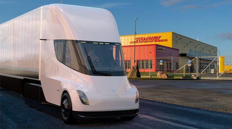 Tesla Semi truck in DHL colors parked at a distribution center in California