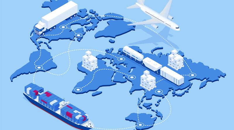 Illustration of a digital supply chain network highlighting AI, logistics, and data integration for 2026