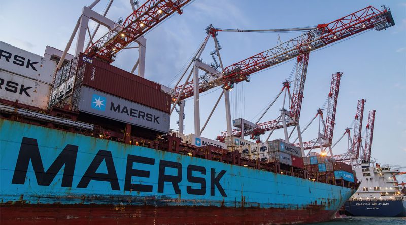 Maersk container ship navigating the Red Sea near the Bab el-Mandeb Strait