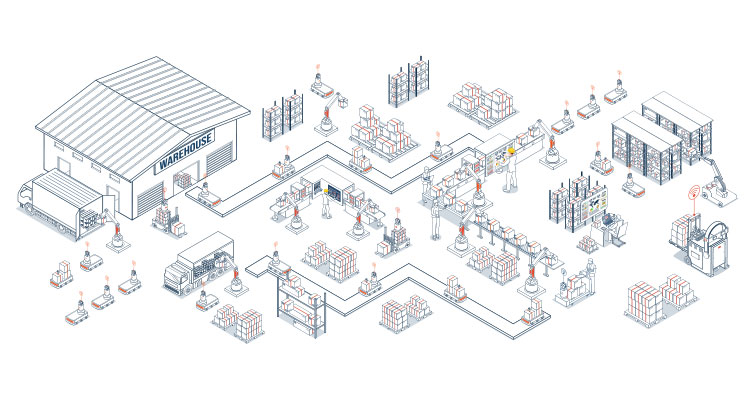 an isometric illustration depicting a smart, automated warehouse system