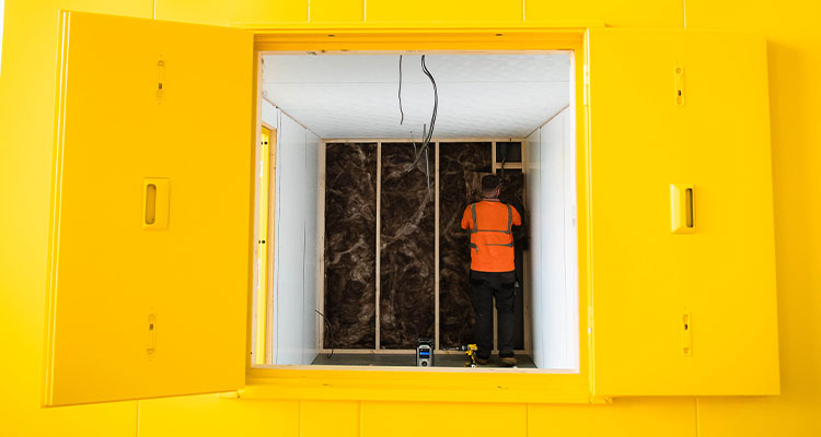 Inside The Eldapoint Group’s journey to becoming a multidisciplinary infrastructure leader a construction worker installing insulation inside a confined space with a bright yellow exterior and frame.